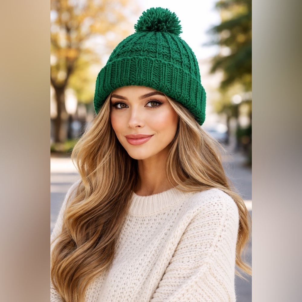 Handmade Cozy Green Knit Pom-Pom Beanie